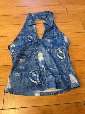 Pimkie Blue Denim-Print Halter Cami Top